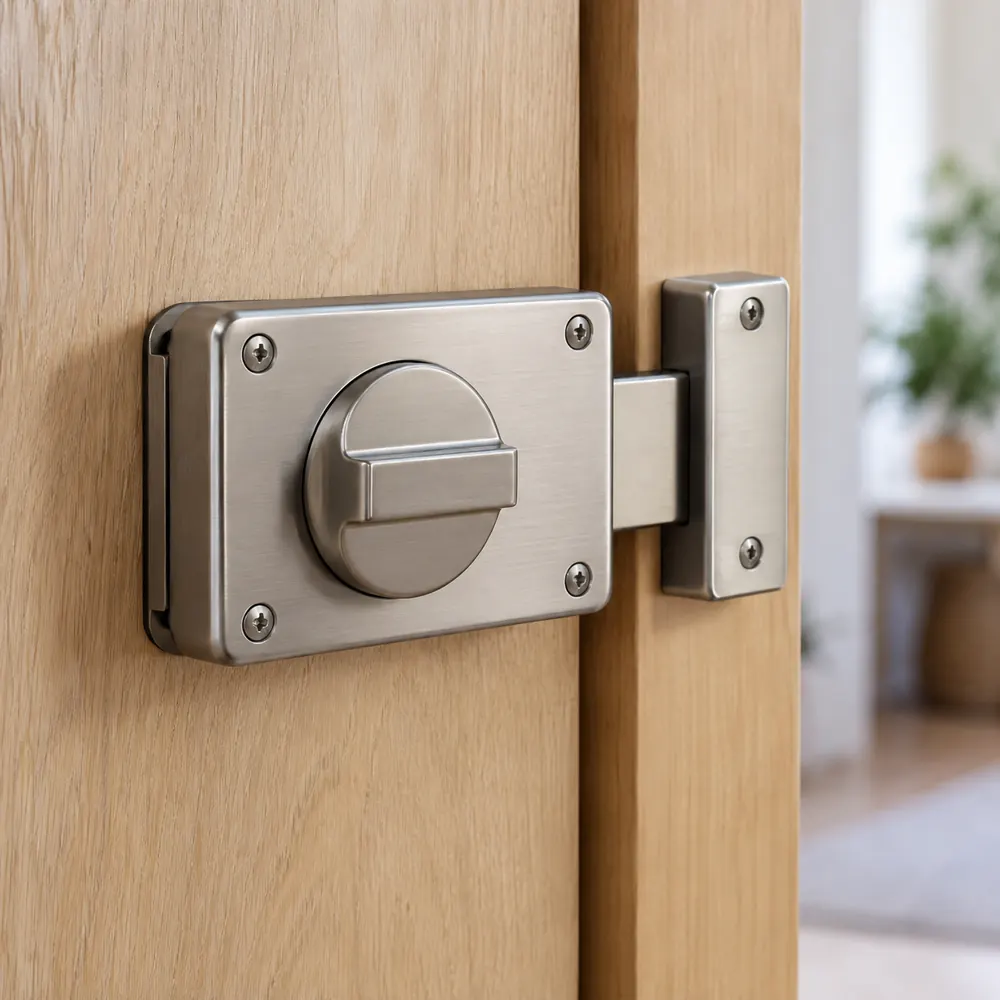 Serrure en applique à bouton posée sur une porte en bois
